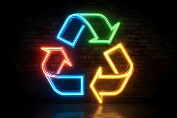 Recycle symbol glows neon red, green, and yellow on a brick wall.