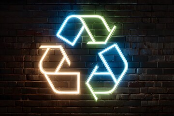 Recycle symbol glows bright with neon light against dark brick wall.