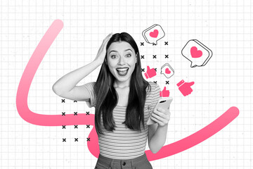 Full poster photo collage of happy cunning girl hold phone receive notification subscriber follow blogging notification