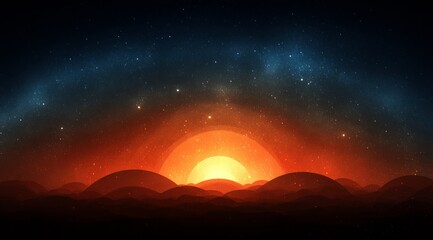 Beautiful night sky with a large orange sun in the middle. The sky is filled with stars and the sun is setting