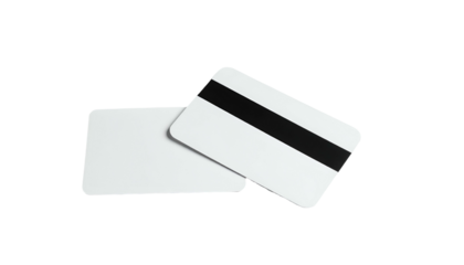 Two white rectangular cards, one showing magnetic stripe, against a black background