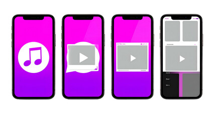 A mobile device UI showing music app interface stages, from icon to video player with layout