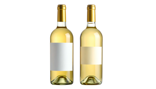Two bottles of white wine side-by-side, with blank labels and gold foil tops, on black