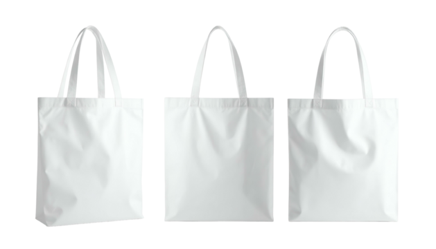 Three blank white tote bags with handles on a black background