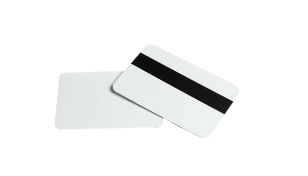 Two white rectangular cards, one showing magnetic stripe, against a black background