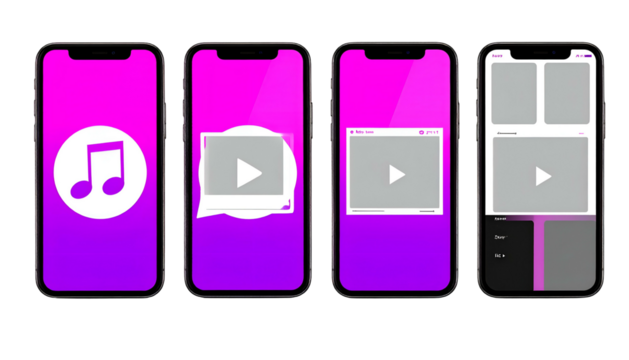A mobile device UI showing music app interface stages, from icon to video player with layout