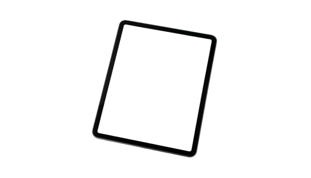 Angled, black, rectangular tablet device with a blank, illuminated screen against black