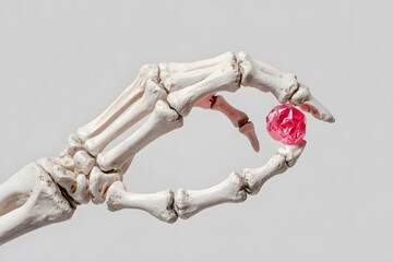 A skeletal hand gently holds a bright red candy for Halloween.