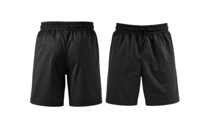 A front & back view of black athletic shorts with a drawstring and elastic waistband