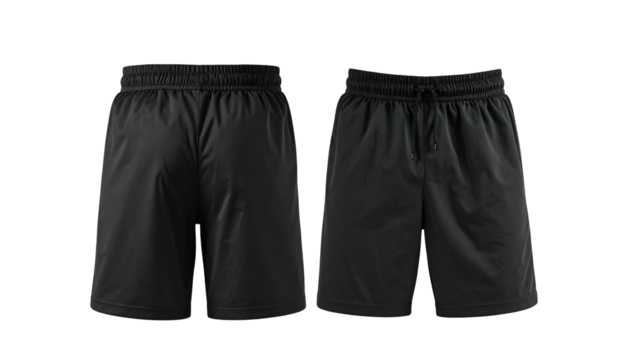 A front & back view of black athletic shorts with a drawstring and elastic waistband