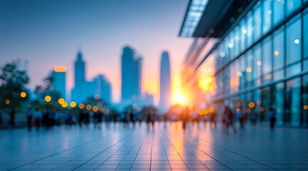 Busy city street with people walking and a beautiful sunset in the background. Scene is lively and bustling