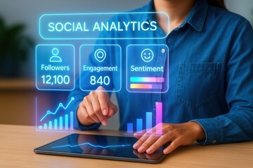 Social media engagement analysis digital marketing data visualization office environment close-up view business insights for enhanced strategy