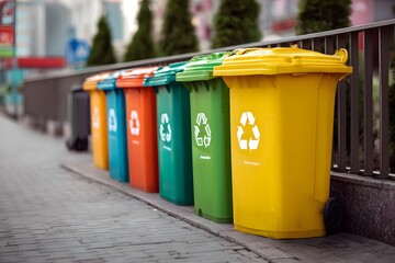 Bright bins line up for recycle collection on a sidewalk.