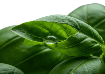 Extreme macro of vibrant emerald-green basil leaf with torn edge, glistening sap, dewy veins on a clean transparent background with shallow depth of field, concept of natural vitality and pristine