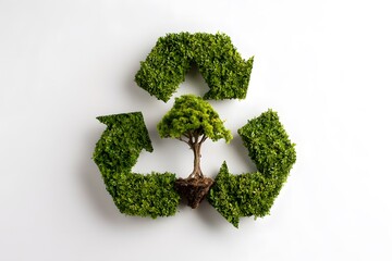 Green recycle symbol forming with small tree growing from roots.