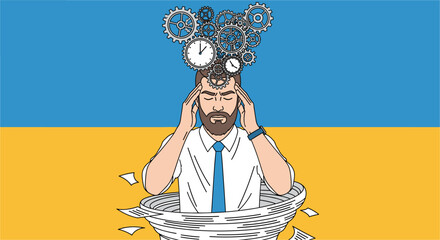 A man overwhelmed by stress and depression, with gears and clocks above his head, symbolizing workplace pressure and mental health issues.
