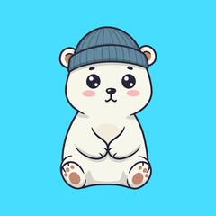 Cute Cartoon Polar Bear Wearing Beanie Hat Adorable Illustration.