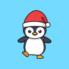 Cute Cartoon Penguin Wearing a Red Santa Hat on a Blue Background.
