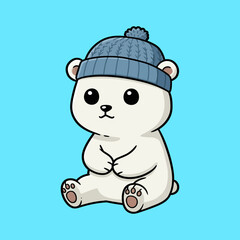 Cute Cartoon Polar Bear Wearing a Blue Knitted Beanie Hat Sitting Down.
