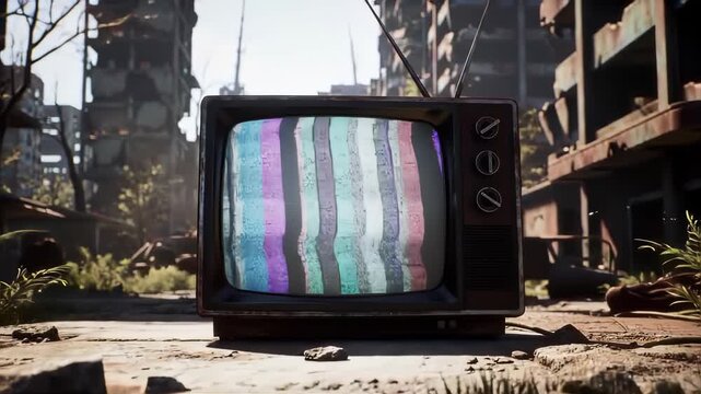 Retro TV displays test pattern in urban ruins; overgrown plants & damaged buildings background. Use dystopian art