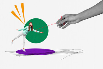 Composite sketch image design trend artwork collage of young lady stand smile hold rope puppeteer...