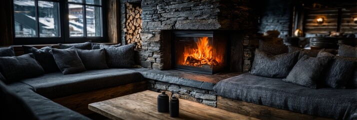 Cozy living room with a fireplace and two couches. The room has a warm and inviting atmosphere