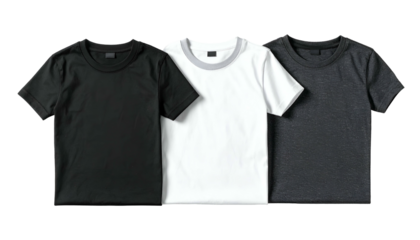 Three crew neck t-shirts in varying colors black, white with grey, and dark grey