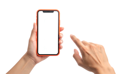 Human hands holding a smartphone with a blank screen, one finger touching it