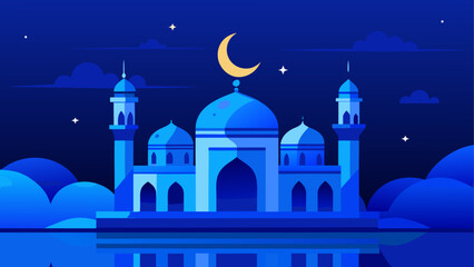 Blue mosque with crescent moon and stars on transparent background