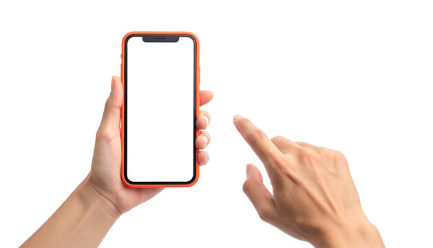 Human hands holding a smartphone with a blank screen, one finger touching it