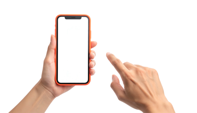 Human hands holding a smartphone with a blank screen, one finger touching it