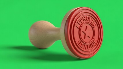 Close-up photorealistic round stamp angled upright on green screen background with clean shadow