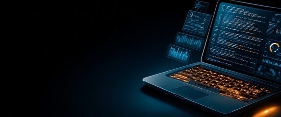 Laptop with a black background and a glowing keyboard. The laptop is open to a screen with a lot of numbers