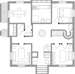 Residential house floor plan, interior layout blueprint, vector CAD drawing, flat illustration, home design concept, modern living space arrangement