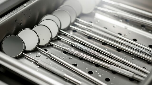 Close-up of sterile dental mirrors arranged in autoclave tray