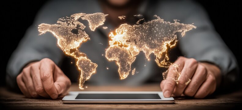 Man is holding a tablet with a globe on it. The globe is lit up and he is glowing