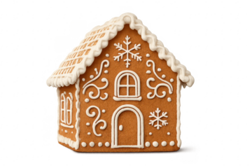 Festive gingerbread house with icing details and transparent background