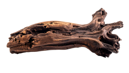 A weathered piece of driftwood, brown tones, intricate texture, isolated on a black background