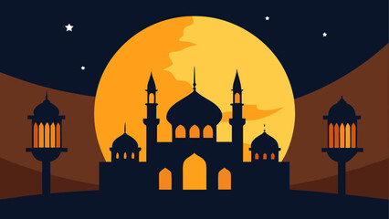 Silhouette of mosque with moon and stars on transparent background