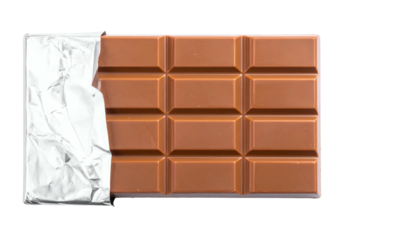 A rectangular bar of chocolate is partially unwrapped on a black background