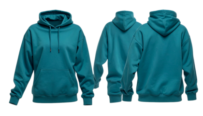 Three views of a teal hoodie front, back, and side, showcasing its texture