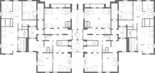 Two unit residential floor plan, mirrored apartment layout, architectural blueprint, CAD drawing, flat vector illustration, modern housing design