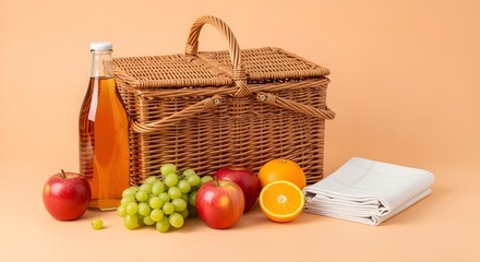 Minimal Summer Picnic Flat Lay &ndash; Basket, Fruits, and Juice Bottle on Solid Peach Background with Copy Space