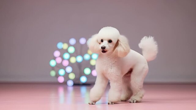 Happy white poodle dog playful dancing pose studio