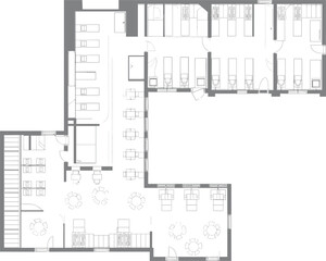 Healthcare facility floor plan, patient room layout, staff workstation design, CAD drawing, flat vector illustration, architectural blueprint