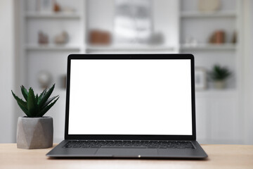 Fototapeta premium Laptop and plant on wooden desk indoors. Mockup for design