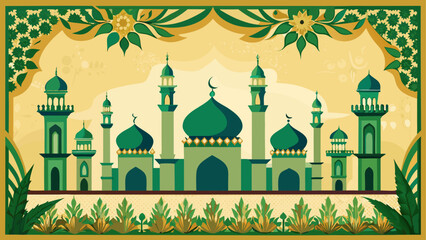 Green mosque with floral border artwork on transparent background