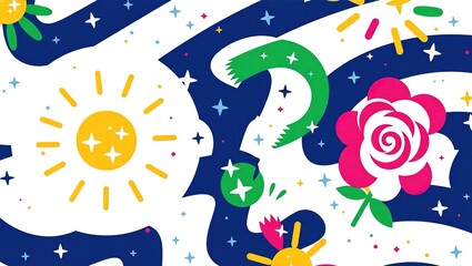 Abstract illustration with sun, question mark, and rose.