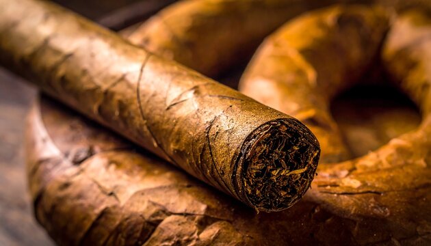Close-up of a finely crafted cigar resting on a wooden holder