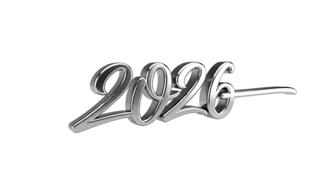 Silver metallic 2026 typography 3d rendered isolated on transparent background